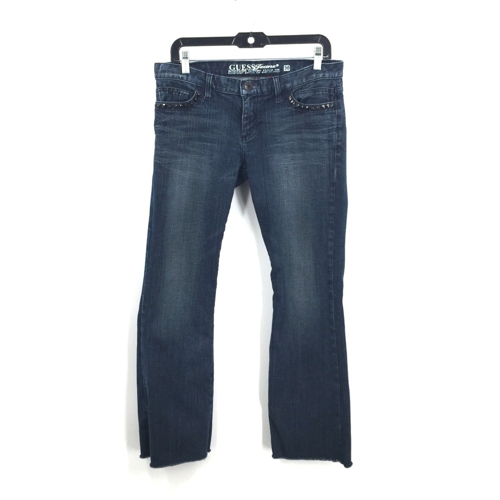 Guess y2k retro Dark wash low rise foxy flare leg Studded‎ Jeans blue denim 30